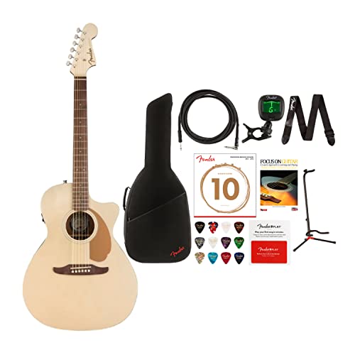 Fender Newporter Player 6-String Acoustic Guitar (Right-Hand, Champagne) with FB405 Dreadnought Gig Bag, Instrument Cable, Adjustable Guitar Stand, FT-1 Pro Clip-On Tuner Bundle (10 Items)
