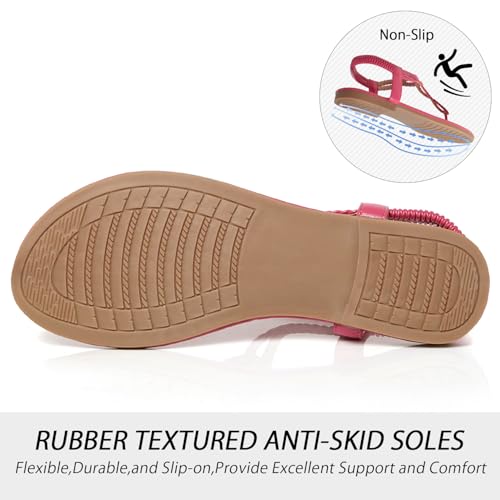 Image of iCKER Womens Braided T‑Strap Flat Sandals Elastic Stretch Ankle Strap | Boho cute casual lightweight and comfort matches dresses for beach vacation