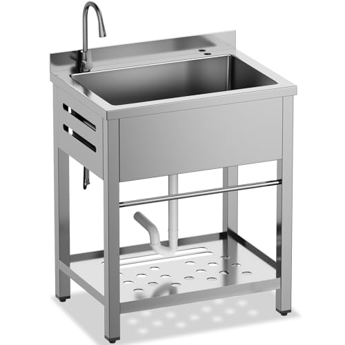 Image of Stainless Steel Utility Sink Freestanding Single Bowl Garage Sink 31 Inch | Shop Sink for Laundry Basement Garden Kitchen Outdoor, w /t Cold & Hot Water Lines, Rapid Drainage, 16 Gallon Large Capacity