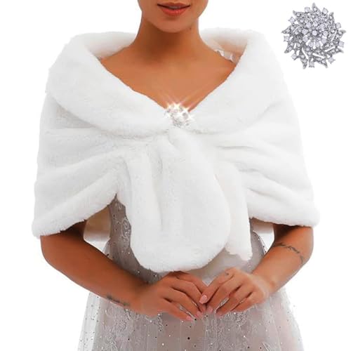 Faux White Fur Shawls and Wraps Bridal Fur Scarf With Brooch Dress Shrug Cover Up for Women(US 4-14 (S-M), White)