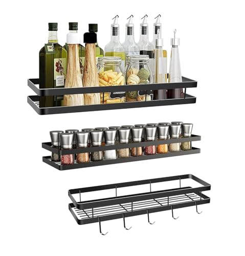 Image of Wall Mounted Metal Storage Rack for Kitchen & Bathroom | Set of 3 Multipurpose Organizer Shelf for Jars, Cans, Toiletries | Rustproof Iron Wall Shelf Rack for Home