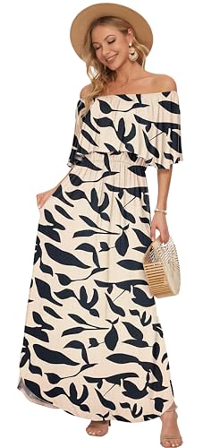 Image of AUSELILY Womens Off Shoulder Ruffle Split Summer Maxi Dresses with Pockets | Off-shoulder Ruffle dress with empire waist & side split for summer beach and casual parties