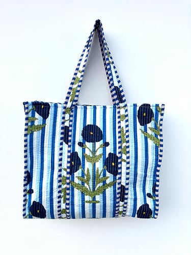 Image of Quilted Cotton Handprinted Reversible Large multicolor Floral Tote Bag,Hand Block Print Shopping Shoulder Carry Bag
