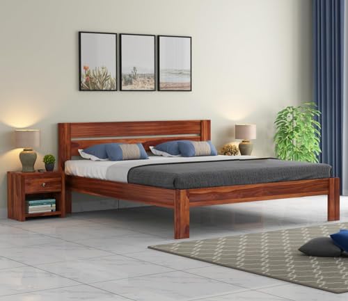 Image of Solid Sheesham Wood King Size Bed Without Storage for Bedroom Living Room | Wooden Double Bed Cot for Home Hotel | (Honey Finish-2 Patti, King Size)