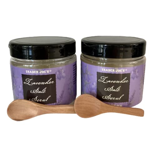 Trader Joe's Lavender Salt Scrub (20 oz Jar) 2-Pack Bundled with a Set of 2 Cosmetic-grade Natural Wooden spoons