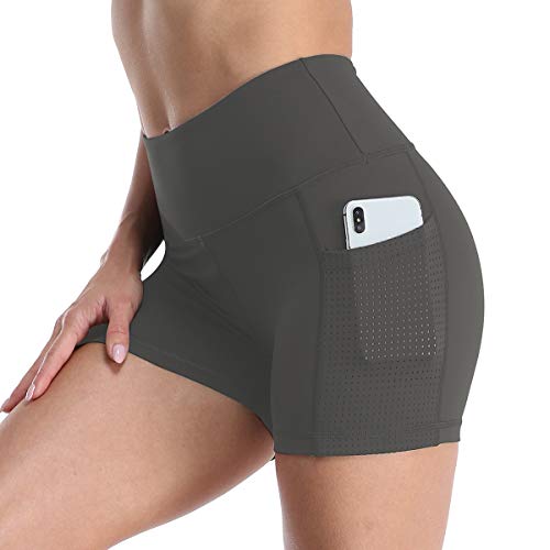 UURUN High Waisted Workout Shorts for Women Yoga Shorts with Pockets, Tummy Control Running Athletic Biker Compression Mesh Shorts for Sports Gym Training Dark Grey-M 3