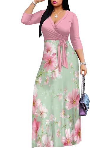 Image of PinkPatty Plus Size Maxi Dresses for Women Casual Flowy Long Dress 3 /4 Sleeve V Neck Wrap Dress with Belt