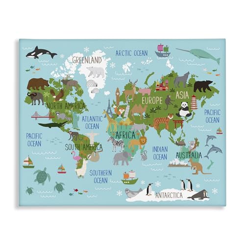 Stupell Industries Kid's Animal World Map Favorite Regional Wildlife, Designed by Lisa Whitebutton Canvas Wall Art, 16x20, Blue