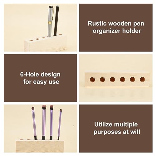 OLYCRAFT 6-Hole Wood Desktop Pen Holder - Natural/Elegant Brown Wooden Pen Organizer - Office & Home - 6.1x1.4x2.1 inches - Image 4