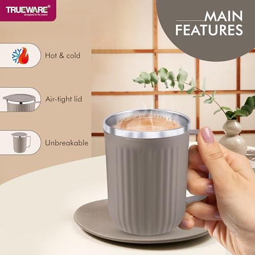 Image of Trueware Frost Unbreakable Mugs 400 ml with Cap Stainless Steel Plastic Covered Travel Mug with lid for Tea, Coffee, Milk (Peach)