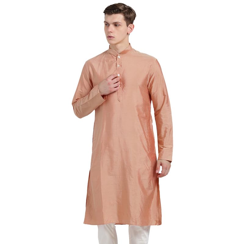 Kisah Men Peach-Coloured Solid Banarasi Straight Kurta Full Sleaves, Knee Length, Straight, Regular Fit, Mandarin Collar Ethnic Wear (36)