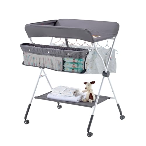 VEVOR Wickeltisch, faltbare Wickelstation mit Seitenkorb, höhenverstellbarer tragbarer Wickeltisch mit feststellbaren Rädern, multifunktionaler Aufbewahrungs-Organizer fürs Kinderzimmer, dunkelgrau