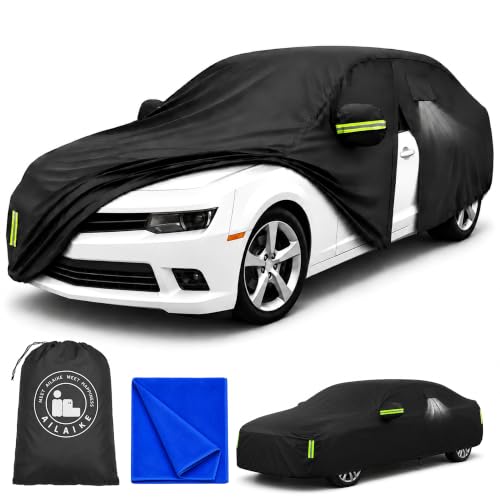 Image of Car Cover All Weather Custom Fit for Chevy Camaro Waterproof 10 Layers 210T Full Cover Universal Heavy Duty Sun UV Rain Hail Protection with Driver Door Zipper Breathable Vents.