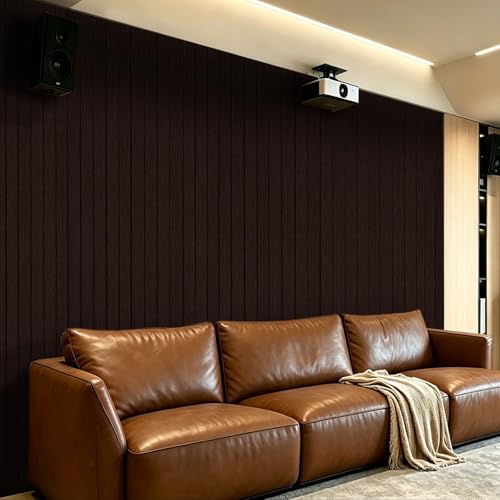 Image of 3D Peel and Stick Wall Panels PVC Grille Slat 197 inchx15.8 inch Self-Adhesive Wall Sticker Soundproof Paneling for Walls and Ceiling in Faux Brown Wood Grain Texture