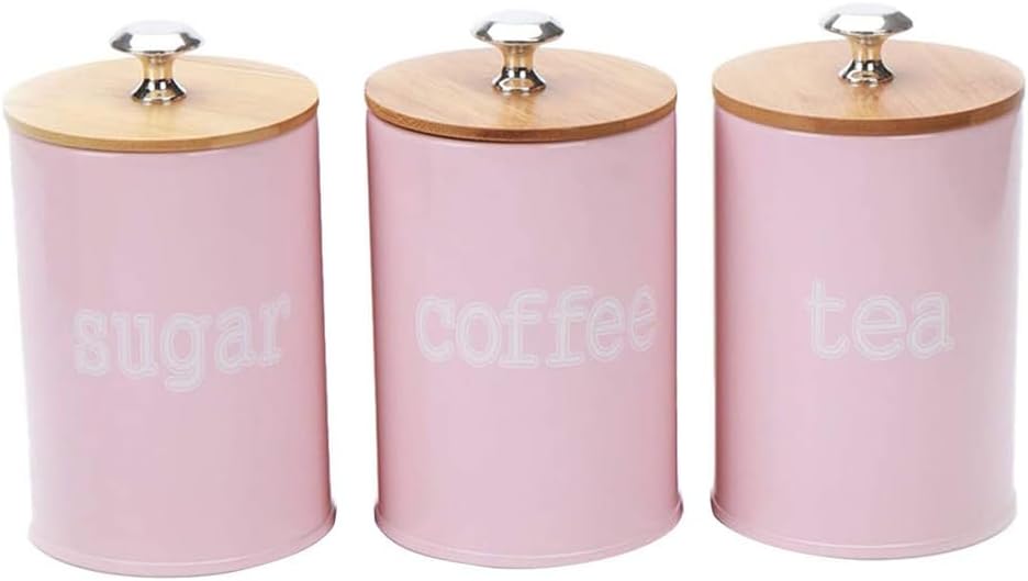 Hemoton Pink Kitchen Canisters Set of 3 with Bamboo Lids - Airtight Food Storage Jars for Coffee Sugar Tea and Spices - 5.12 X 3.54 X 3.54 Inches Compact Storage Solution