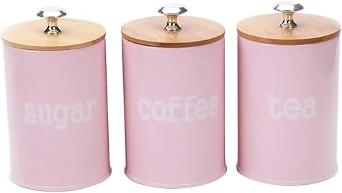 Hemoton 3 recipientes de almacenamiento de alimentos rosas con tapas de bambú, tarros herméticos de almacenamiento de cocina para té, café, azúcar y