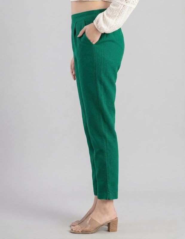 Image of Solid Cotton Woman Trousers Pants Regular Fit Kurti Pant with Drawstring Daily Office Formal Casual Use