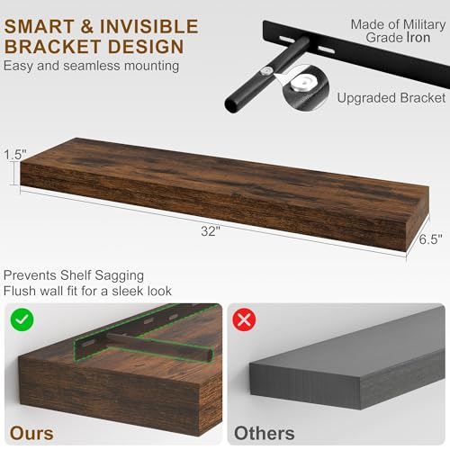 Fun Memories Floating Shelves for Wall, 32Inch Floating Shelves Set of 2, Hanging Shelf with Invisible Brackets, Wood Shelves for Living Room, Bedroom, Kitchen, Brown by Fun Memories - Used condition - Image 3