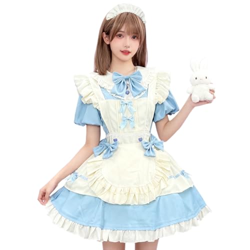 [AOTYP] メイド服 可愛い メイドコスチューム 定番 ショート丈 半袖 メイド レディース ミニスカ アリス 蝶結ぶ lolita ワンピース エプロン アイドル衣装 ハロウィン仮装 女装 カチューシャ付き ブルーS - AOTYP - 商品画像