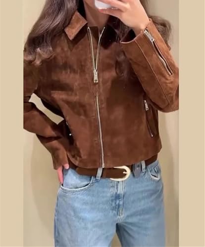 Women’S Elegant Suede Jacket Casual Turn-Down Collar Long Sleeve Zipper Coat3