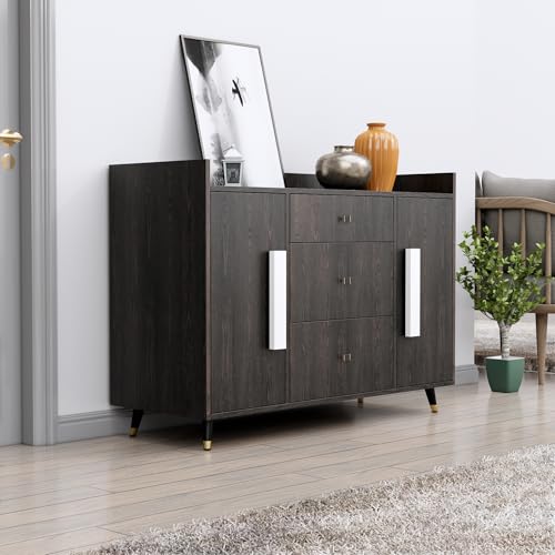 Image of Bniture Wooden Sideboard Cabinet for Living Room | Wooden Storage Cabinet with 2 Door & 3 Drawer | Engineered Wood Multipurpose Cabinet with Spacious Shelves for Home & Office | Flower Wenge