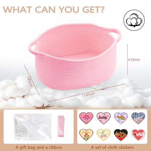 Image of CMXZSAM Small Woven Basket with Gift Bags, Ribbons and Self-Adhesive Cloth, 12 inchX 8 inch X 5 inch Pink Baskets for Gifts Empty, Rope Empty Baby Gift Basket for Baby Shower Birthday Easter Presents