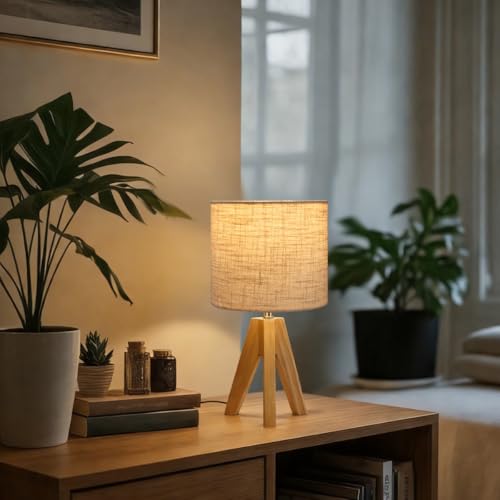 Lámpara de mesa trípode pequeña con base de madera natural miniatura 4