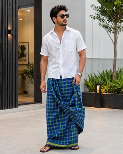 Image of Premium Cotton Lungi for Men, 2 Meter, Multicolor Checked Pattern, Soft Comfortable Fabric, Pack of 2