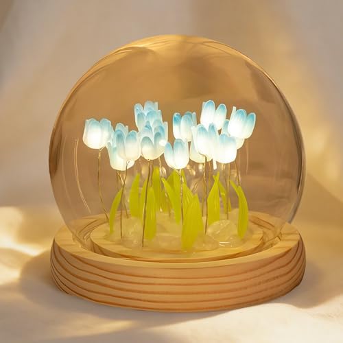 Image of Pretty Blue 20 Tulips Lamps Flower Night Light Cute Bedroom Decor Aesthetic Unique Gifts for Women - Battery Powered (not Included)