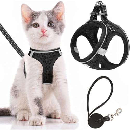 Unlnsiy 猫 猫用 ハーネス 胴輪 猫具 ねこ ネコ 子猫 子犬 小型犬 散歩 お出かけ 抜けない ベスト ソフト胸あて 軽量 頭を通さずマジックテープで装着 サイズ調節可 夜反射 通気メッシュ (Sサイズ (x 1), ブラック) (XS,ブラック