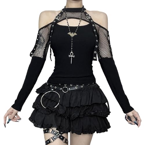 Image of XKBHYD Womens Gothic Crop Tops Grunge Punk Shirts Ladies Sexy Mesh Hallow Long Sleeve Tops Emo Alt Harajuku Shirts Black