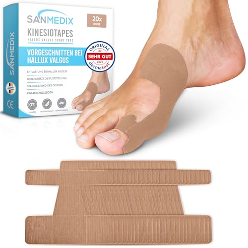 Sanmedix Hallux Valgus Kinesiotapes 20 vorgeschnittene Sport & Physio Tapes für Zeh und Fuß Precut Kinesiologie Tape bei Ballenzehen hautfreundlich und latexfrei (Beige 20 Stück)