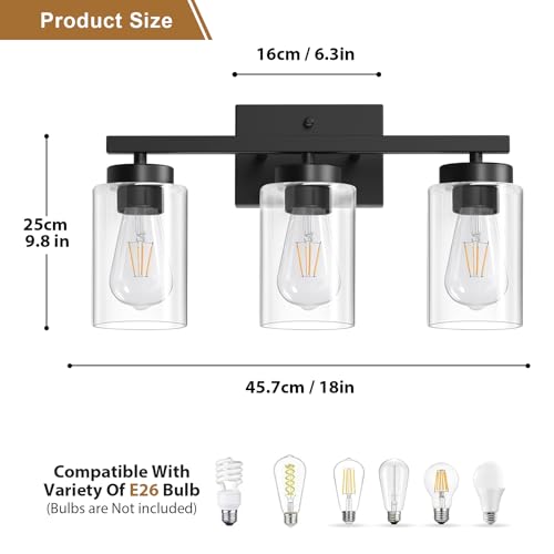 Image of IZORRO Bathroom Light Fixtures, Modern Vanity Lights, Bathroom Lighting Fixtures Over Mirror with Clear Glass Shade, Wall Sconce for Living Room Cabinet Bedroom (Matte Black, 3-Light)