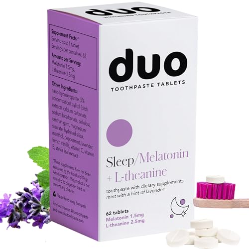 Duo Sleep Toothpaste Tablets | Melatonin w/Nano-Hydroxyapatite (nHa) - Whitening, Remineralize & Reduce Sensitivity | Sustainable & Plastic Free | Mint w/Lavender - 1 Bottle/62 Tablets