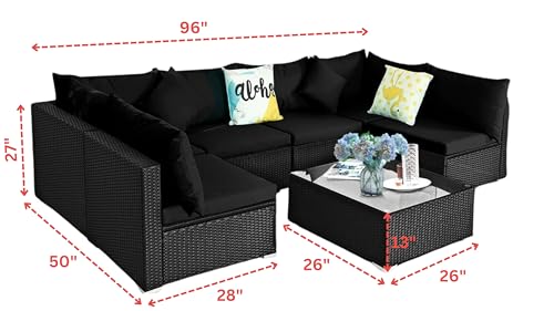 Image of DEVOKO 6 Seater Black Wicker Rattan All Weather Furniture with Glass Top Table for Outdoor, Indoor, Garden, Patio, Pool, Terrace