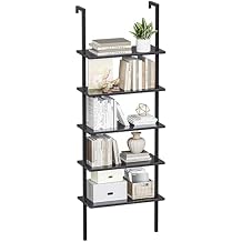 Furmax 5-Tier Bookshelf, Wall Mount Ladder Shelf with Wood Board and Industrial Metal Frame, for Home Office, Living Room, Bedroom, Entryway and Hallway, 1, Black