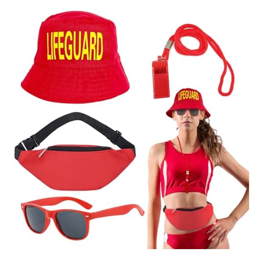 UILYNIU 4 Piezas Disfraz de Salvavidas, Accesorios de Salvavidas Rojo Sombrero de Cubo Gafas de Sol Silbato Riñonera, Disfraz de Baywatch Deportista Carnaval Halloween para Adulto Hombre Mujer (4PCS)