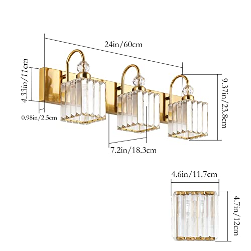 Image of Ralbay Modern Gold Crystal Vanity Lights for Bathroom 3-Lights Crystal Vanity Lights Over Mirror Modern Crystal Gold Bathroom Wall Lighting Fixtures
