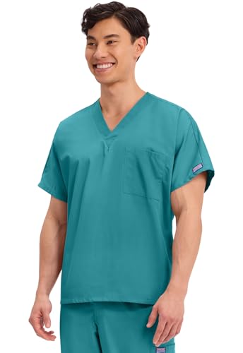 Image of Cherokee Scrubs for Women and Men Unisex V-Neck Tunic Nursing Scrub Top with Chest Pocket, Tuckable Durable Fabric - 4777 | 1 Chest Pocket For Essentials, Traditional Fit, Durable Construction, Comfortable Knit Details, Easy Care, Tuckable Style