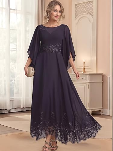 Lace Appliques Mother of The Bride Dress for Women Chiffon 3/4 Sleeve A Line Formal Evening Gown3