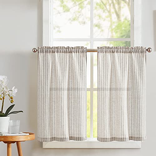 Vangao Kitchen Curtains Linen Tier Curtains Striped Cafe Curtains Privacy Tiers 36 inch Length Small Window Curtain Set Bathroom Living Room Rustic Country Curtains Gray on Beige