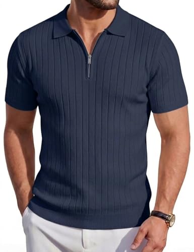 Focixfor Men's Polo Shirts Zip Knitted Short Sleeve Stretch Vertical Striped Golf Casual Tshirt Navy Blue M