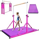 PreGymnastic Foldable Gymnastics Bar, 5.6FT Folding Horizontal Bars for Kids Ages 3-12, Weight Limit 350 LBS, Adjustable kip Bar, Children Home Gym Equipment Indoor(Foldable Bar with Mat, Purple-Mat)