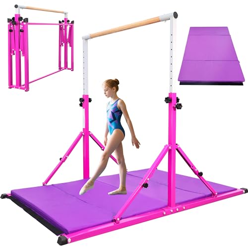 PreGymnastic Foldable Gymnastics Bar, 5.6FT Folding Horizontal Bars for Kids Ages 3-12, Weight Limit 350 LBS, Adjustable kip Bar, Children Home Gym Equipment Indoor(Foldable Bar with Mat, Purple-Mat)