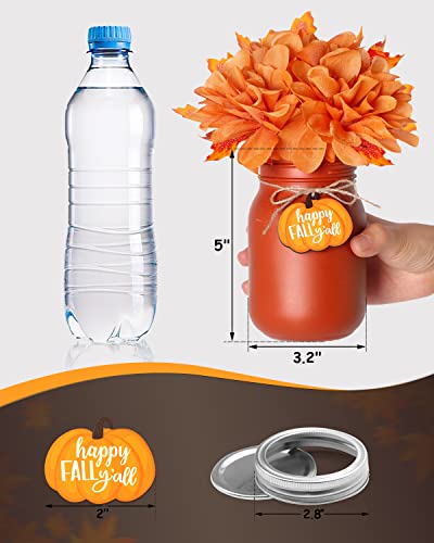 Nefelibata Fall Mason Jar Floral Arrangement Table Centerpiece With Faux Maple Leaves Pumpkins Slices Autumn Farmhouse Decor Tiered Tray Happy Fall Y'all Home Ornaments Set Of 3 Orange-White-Brown #TOP3