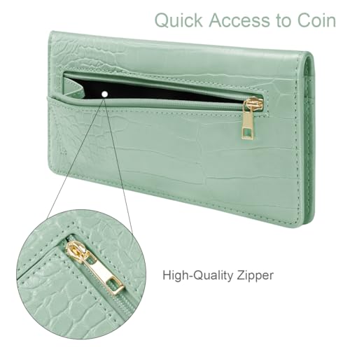 Image of Wallet Women Bifold Faux Crocodile Leather Slim Thin Long Wallets | RFID Blocking, Alligator Texture, Luxury, Credit Cards Holder, Female Woman Ladies Purse,Zipper Coin Pocket, Green Croc