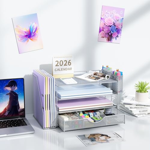 gianotter Desk Organizers and Accessories with File Holder, 4-Tier Desk Accessories & Workspace Organizers with Drawer and 2 Pen Holder, Paper Organizer for Office Supplies (Grey)