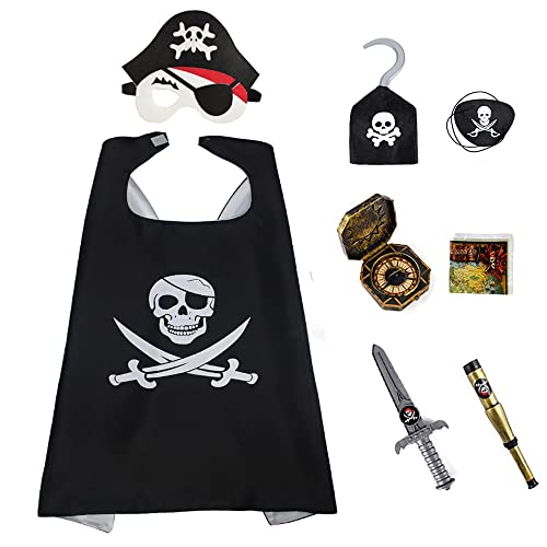 Ricjurzzty Pirate Costume Set for Kids Pirate Satin Cape Hat Hook and Toys for Halloween Birthday Pirate Party Supplies
