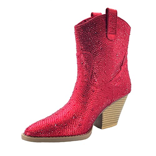 Image of ABSOLEX Women Western Cowgirl Cowboy Pointed Toe Rhinestone Ankle Booties
