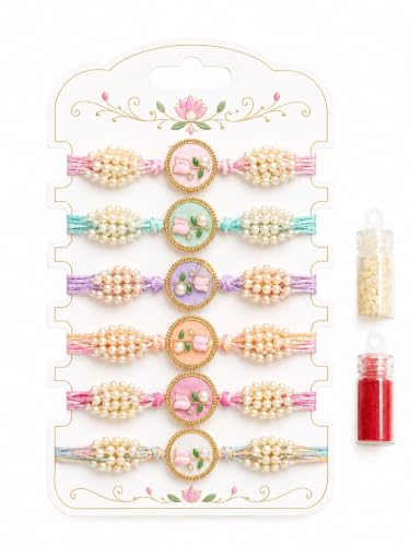 Image of Premium Designer Pastel Resin Pearl Floral Rakhi For Brother | Elegant Flower Rakhi Set Of 1 /2 /3 /4 /5 /6 Raksha Bandhan Gift Bhai Combo For Bhaiya Bhabhi & Sister Bracelet Brother Bhai Sister In Law Kids | Traditional & Festive Wrist Band